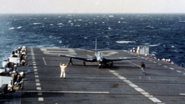 A U.S. Navy McDonnell FH-1 Phantom of Fighter Squadron 17A (VF-17A) during trials aboard the light aircraft carrier USS Saipan (CVL-48), in May 1948.